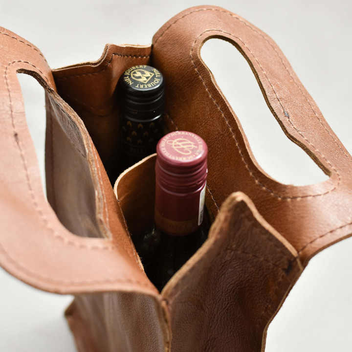 Double Leather Wine Bag - Caramel - 2
