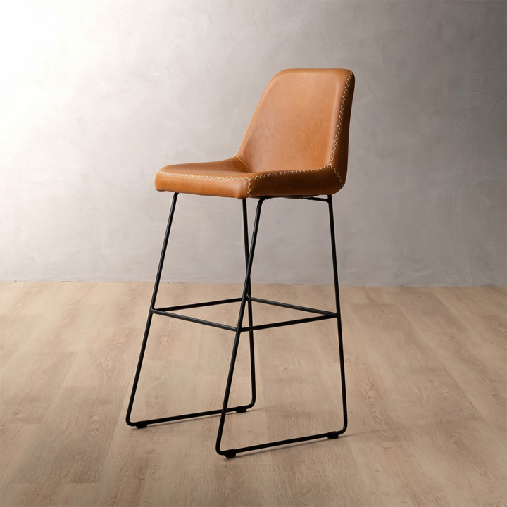 Hand-Stitched Tall Leather Bar Chair - Ginger - 1