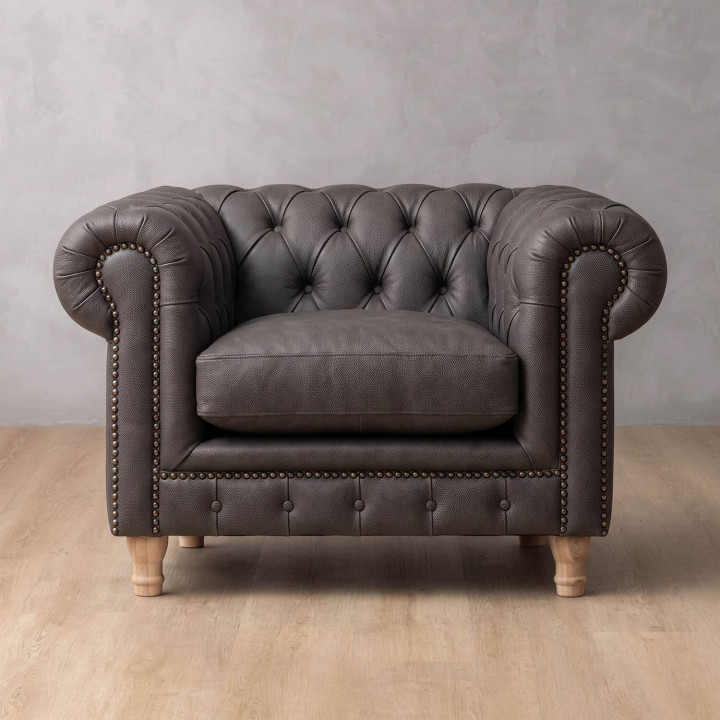 Chesterfield Leather Armchair - Charcoal