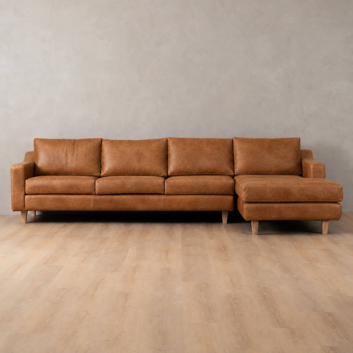 Douglas Leather Corner Couch with Daybed Right - Caramel