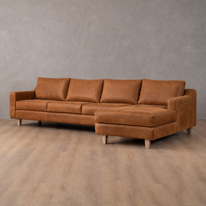 Douglas Leather Corner Couch with Daybed Right - Caramel