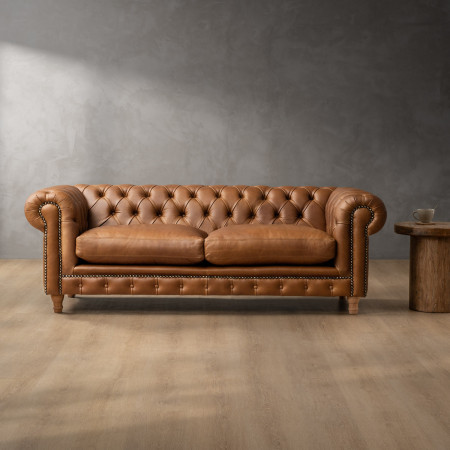 Chesterfield 3 Seater Leather Couch - Butterscotch 1