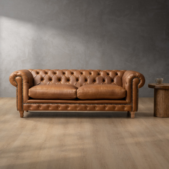 Chesterfield 3 Seater Leather Couch - Butterscotch 1