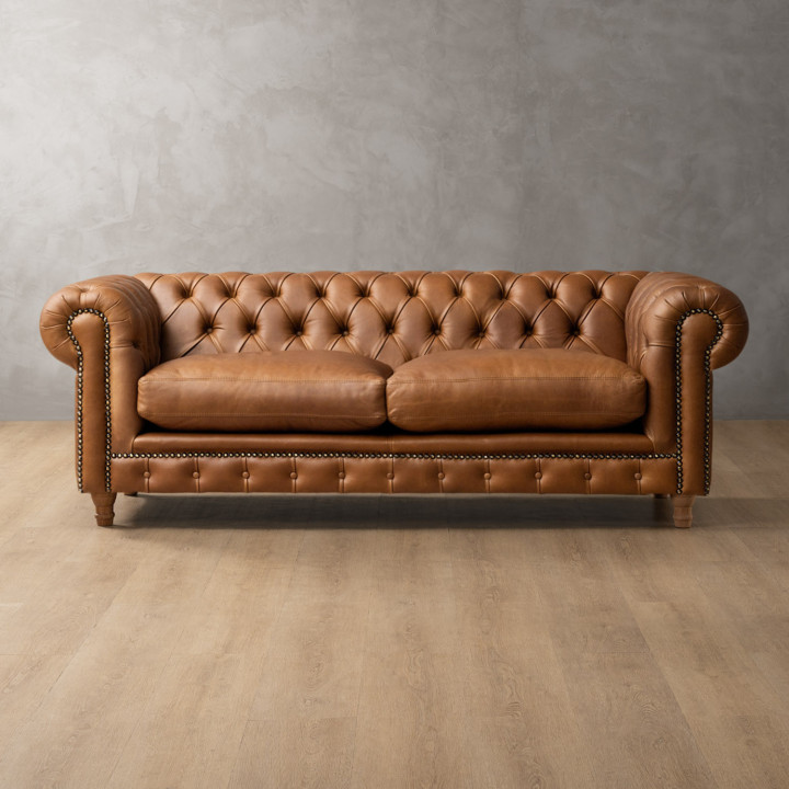 Chesterfield 3 Seater Leather Couch - Butterscotch 2