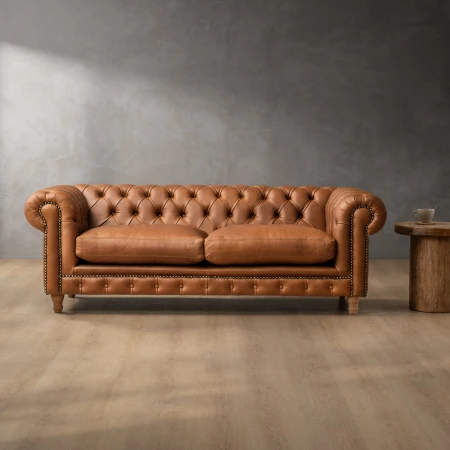 Chesterfield 3 Seater Leather Couch - Ginger 2