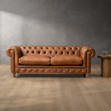 Chesterfield 3 Seater Leather Couch - Ginger 2