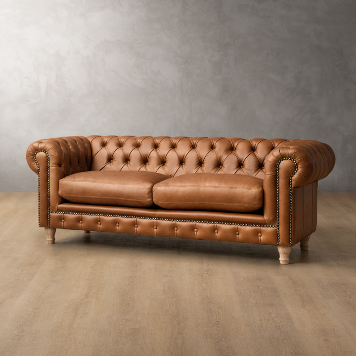 Chesterfield 3 Seater Leather Couch - Ginger 3