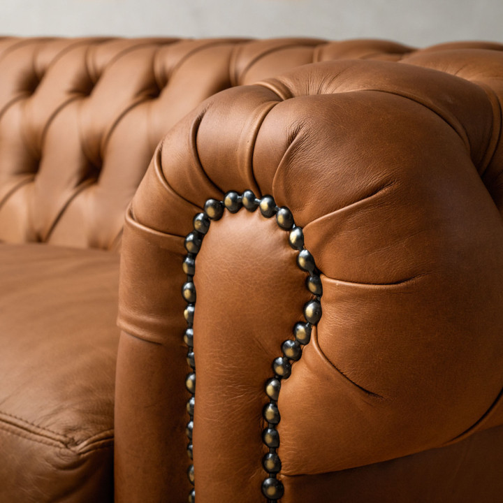 Chesterfield 3 Seater Leather Couch - Ginger 6