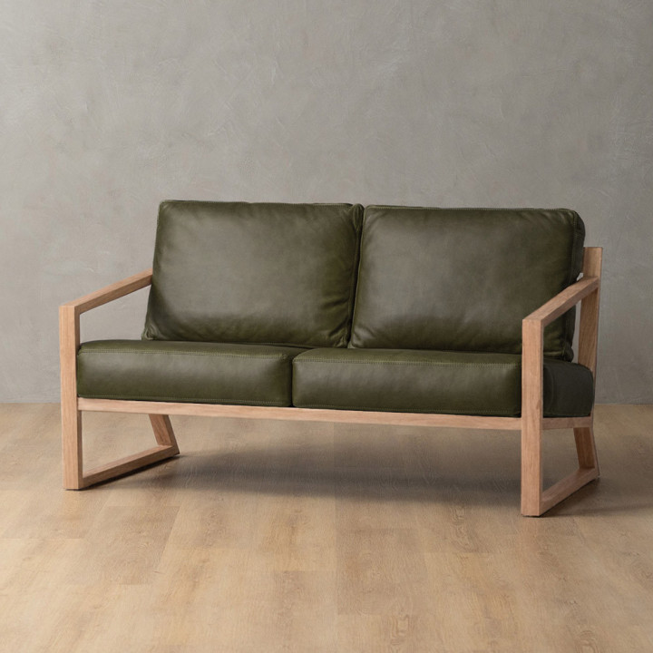 Clarens 2-Seater Leather Couch - Oak - Olive - 2