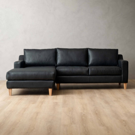 Douglas Leather Corner Couch with Daybed Left - Black - 1