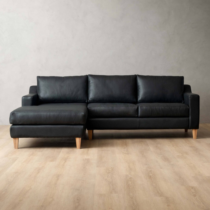 Douglas Leather Corner Couch with Daybed Left - Black - 1