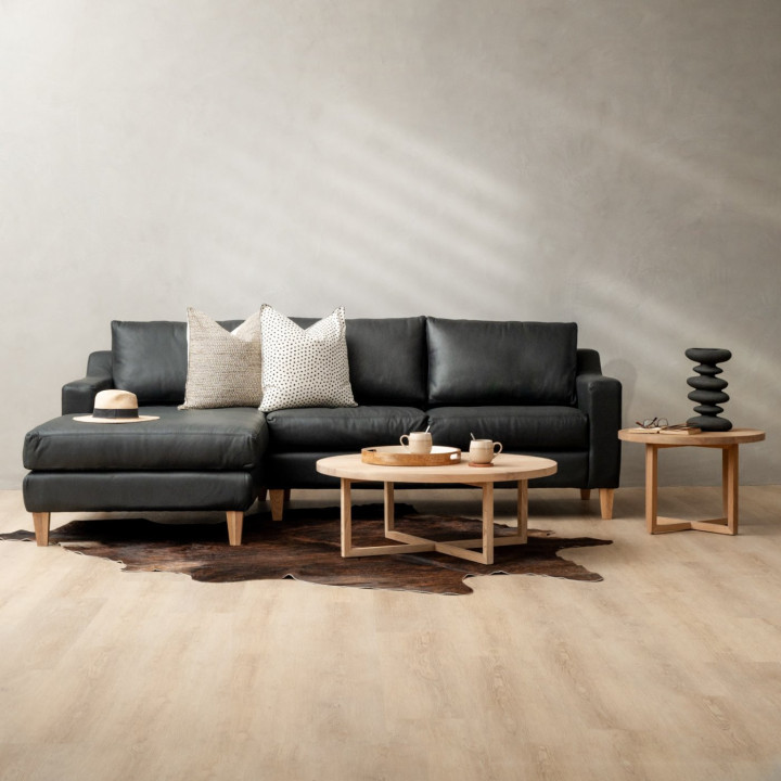 Douglas Leather Corner Couch with Daybed Left - Black - 2