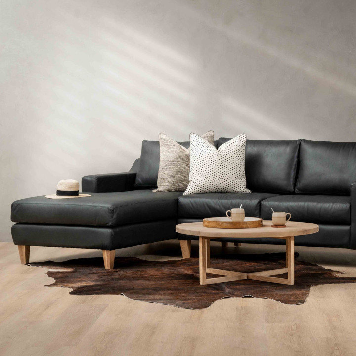 Douglas Leather Corner Couch with Daybed Left - Black - 3