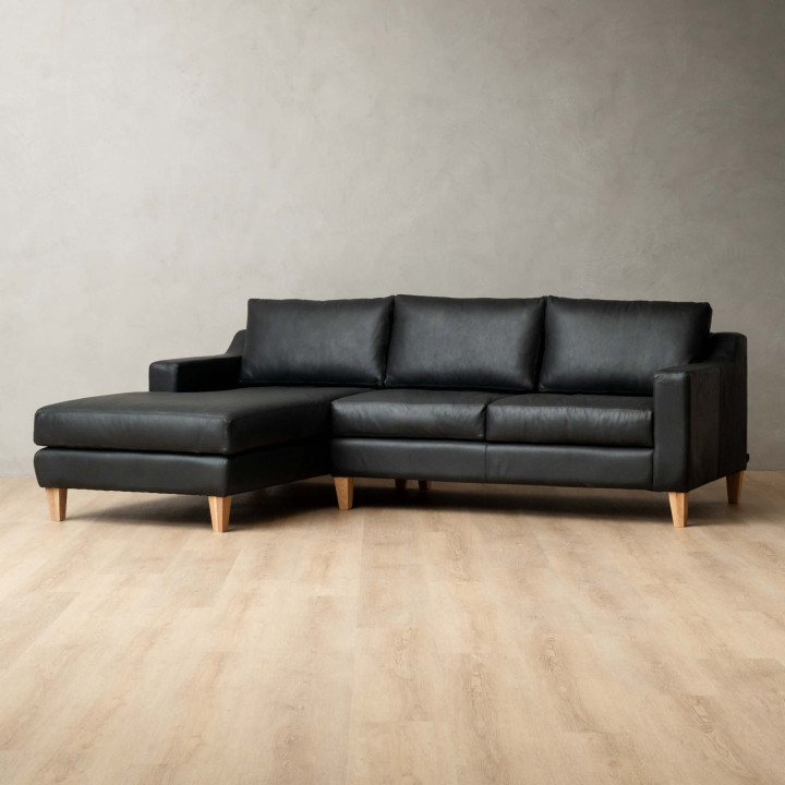 Douglas Leather Corner Couch with Daybed Left - Black - 4