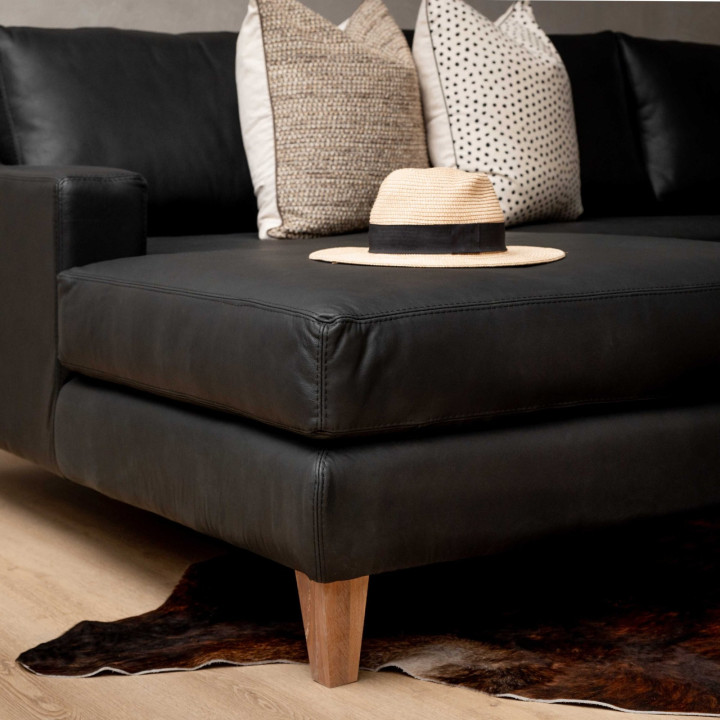 Douglas Leather Corner Couch with Daybed Left - Black - 10