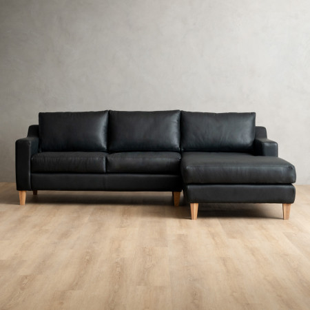 Douglas Leather Corner Couch with Daybed Right - Black - 1