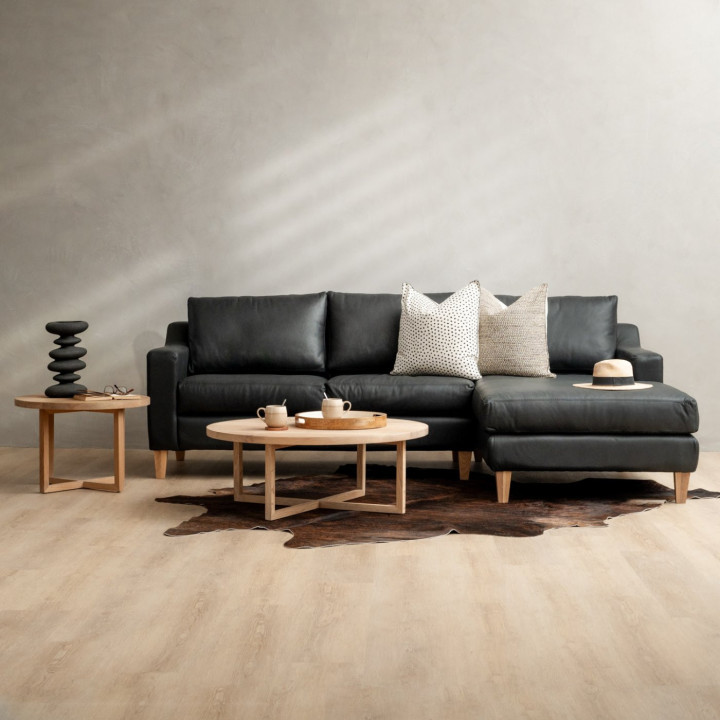 Douglas Leather Corner Couch with Daybed Right - Black - 2