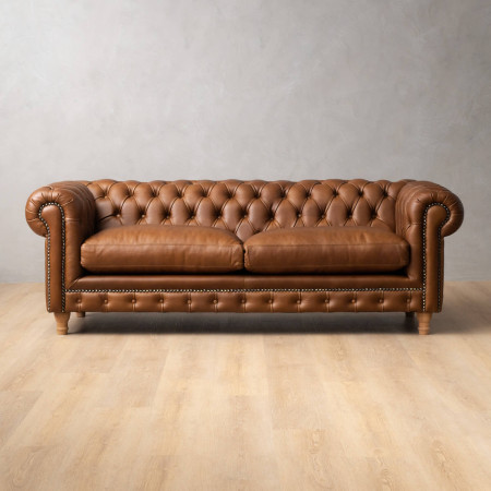 Chesterfield 3-Seater Leather Couch - Butterscotch - 1
