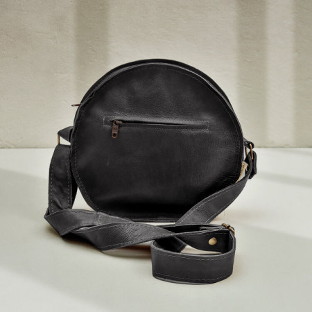 Pocketbook Round Leather Crossbody Bag - Black