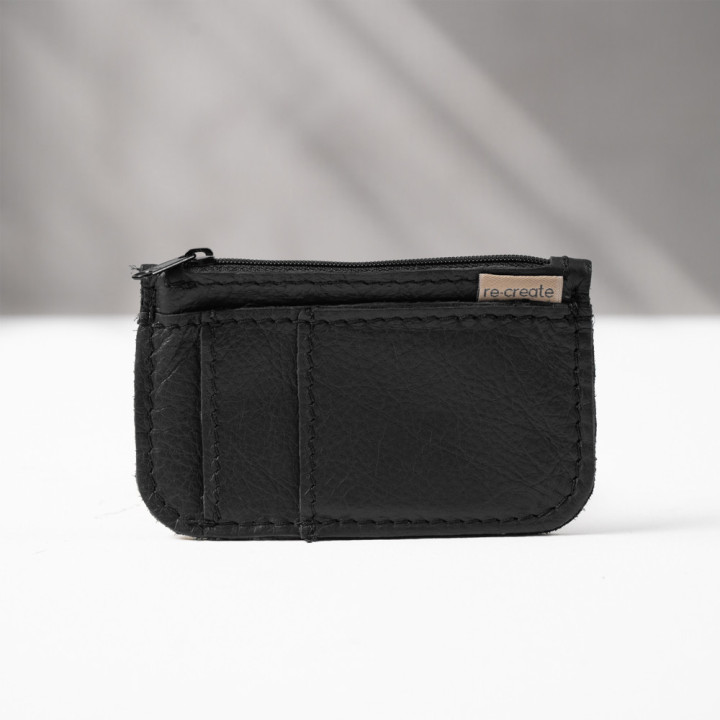 Leather Slim Wallet with Zip (Customizable Card Holder) - Black - 1