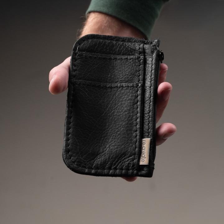 Leather Slim Wallet with Zip (Customizable Card Holder) - Black - 2