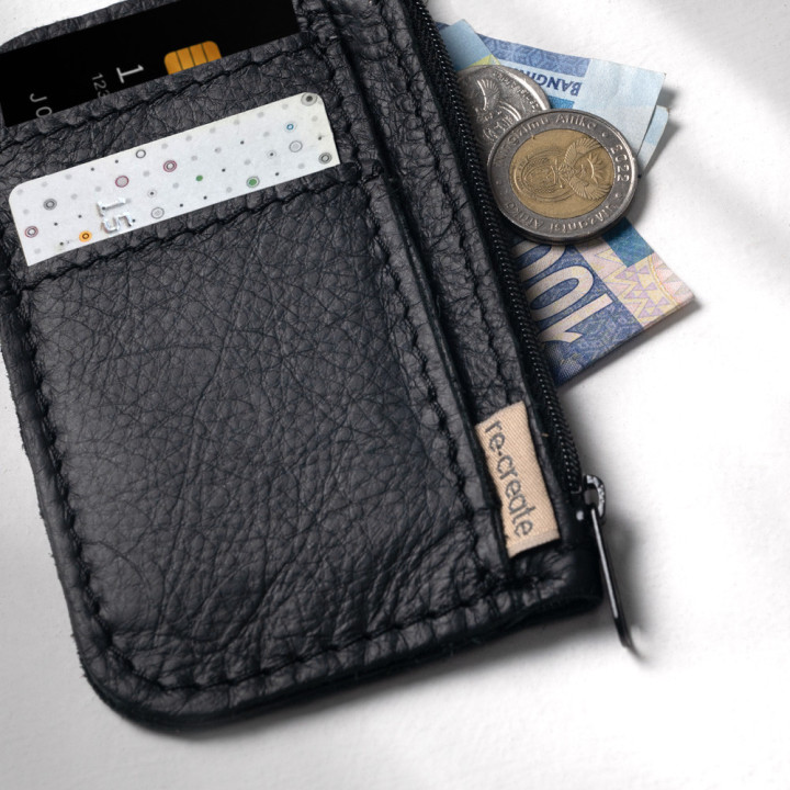 Leather Slim Wallet with Zip (Customizable Card Holder) - Black - 3