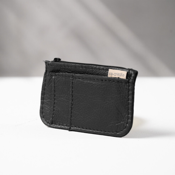 Leather Slim Wallet with Zip (Customizable Card Holder) - Black - 4