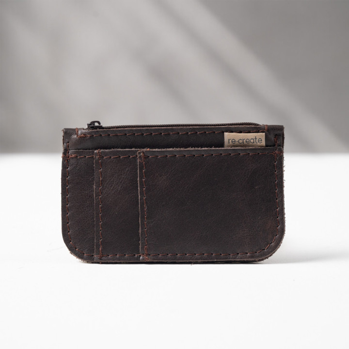 Leather Slim Wallet with Zip (Customizable Card Holder) - Brown - 1