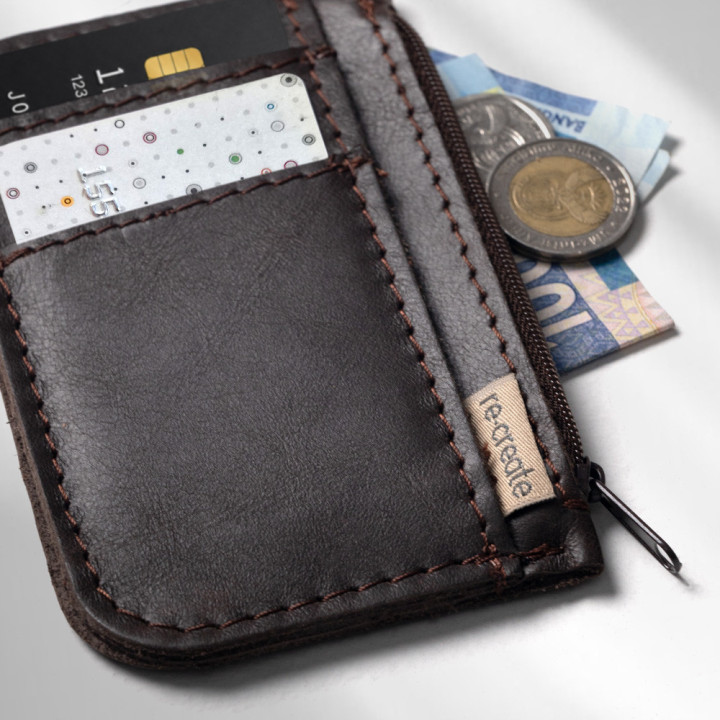 Leather Slim Wallet with Zip (Customizable Card Holder) - Brown - 3