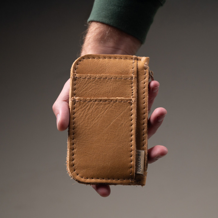 Leather Slim Wallet with Zip (Customizable Card Holder) - Caramel - 2