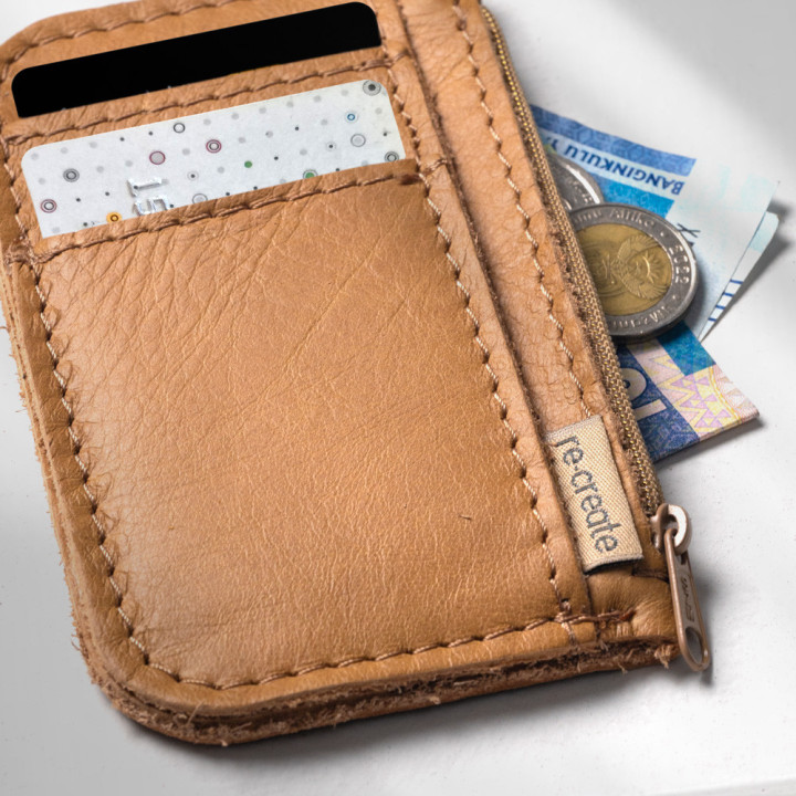 Leather Slim Wallet with Zip (Customizable Card Holder) - Caramel - 3