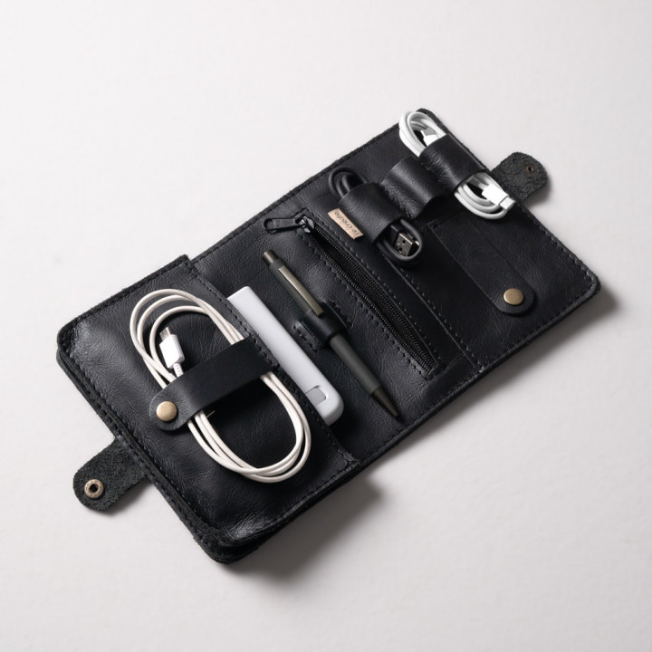 Leather Cable & Tech Organiser (Electronic Travel Pouch) - Black - 2