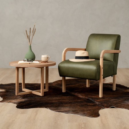 Palmiet Leather Armchair - Oak - Olive