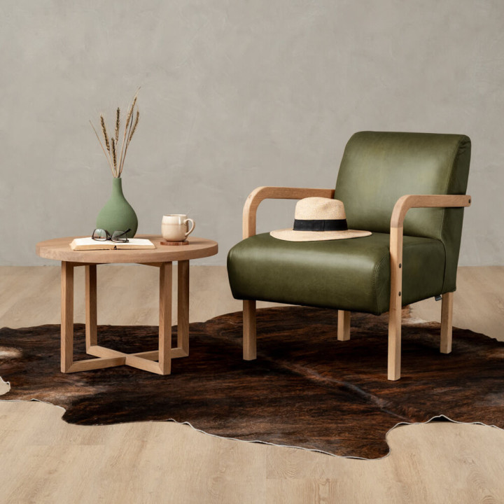 Palmiet Leather Armchair - Oak - Olive - 2