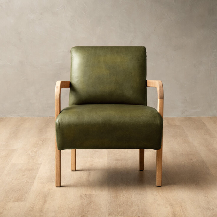 Palmiet Leather Armchair - Oak - Olive - 3