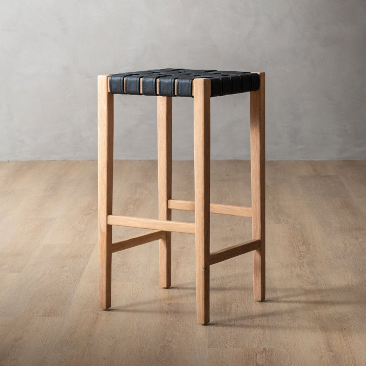 Cederberg Tall Leather Bar Stool - Oak - Black - 1