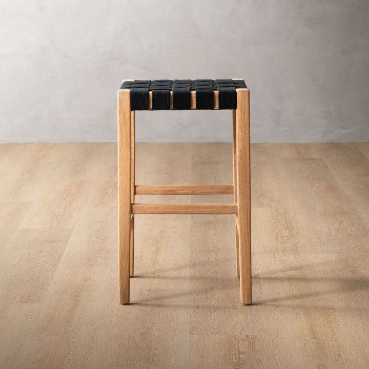 Cederberg Leather Counter Bar Stool - Oak - Black - 2