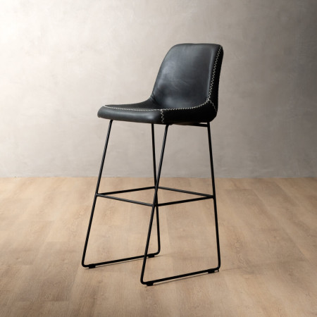 Demo - Hand-Stitched Tall Leather Bar Chair - Black - 1