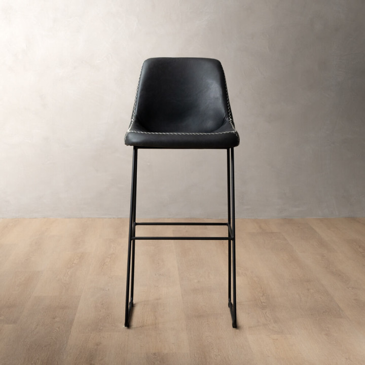 Demo - Hand-Stitched Tall Leather Bar Chair - Black - 2