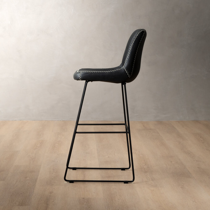 Demo - Hand-Stitched Tall Leather Bar Chair - Black - 3