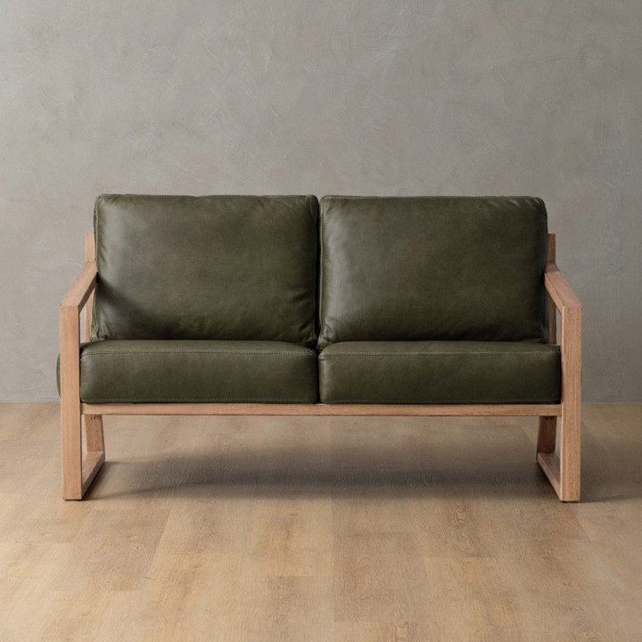 Clarens 2-Seater Leather Couch - Oak - Olive - 1