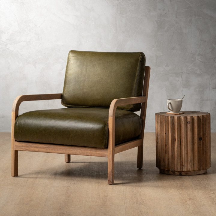 Vrede Leather Armchair - Oak - Olive - 2