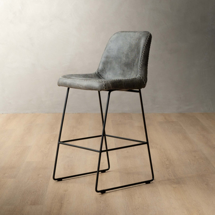 Hand-Stitched Leather Counter Bar Chair - Charcoal - 1