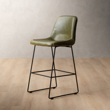 Hand-Stitched Leather Counter Bar Chair - Olive