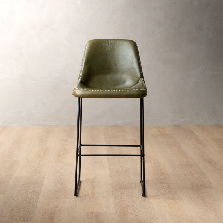 Hand-Stitched Leather Counter Bar Chair - Olive - 2