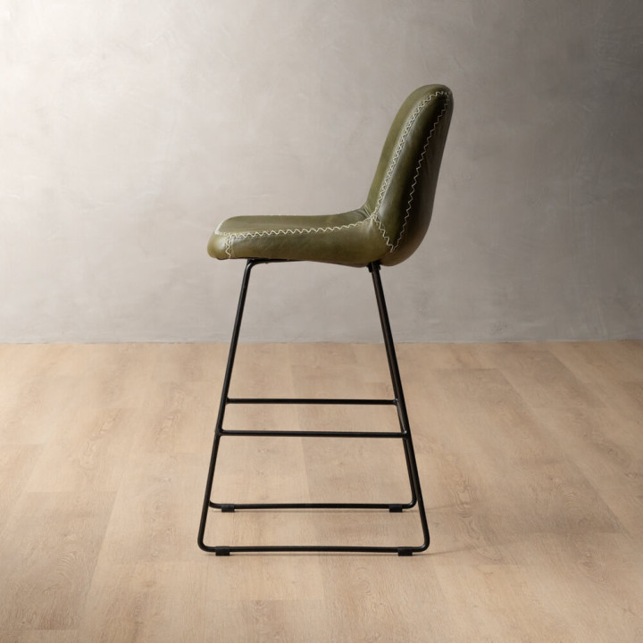 Hand-Stitched Leather Counter Bar Chair - Olive - 3
