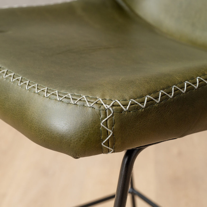 Hand-Stitched Leather Counter Bar Chair - Olive - 5