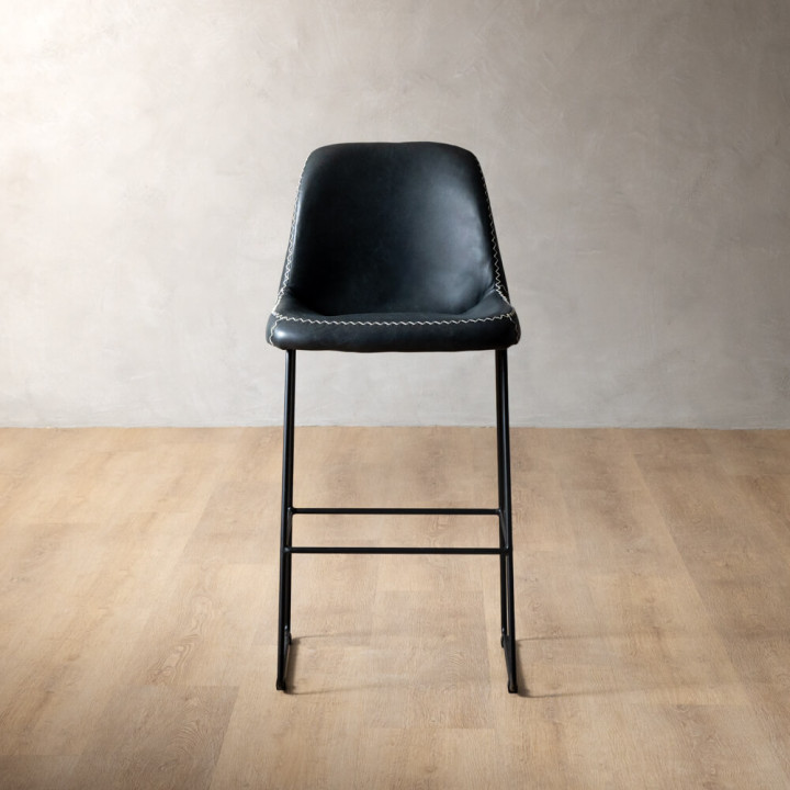 Hand-Stitched Leather Counter Bar Chair - Black - 2