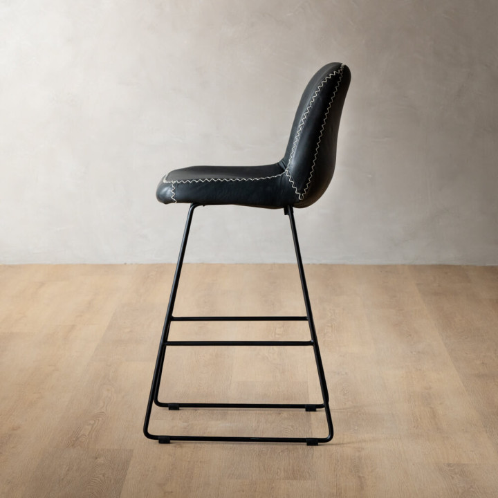 Hand-Stitched Leather Counter Bar Chair - Black - 3