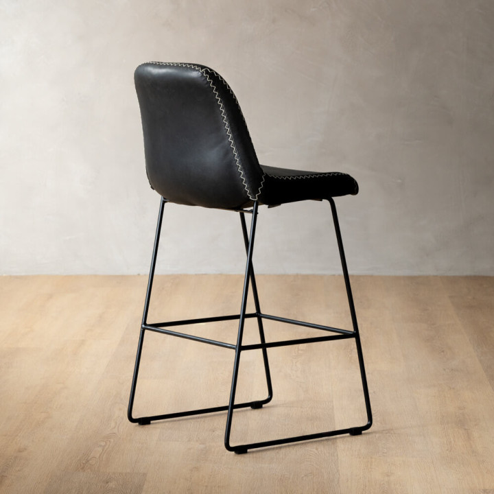 Hand-Stitched Leather Counter Bar Chair - Black - 4